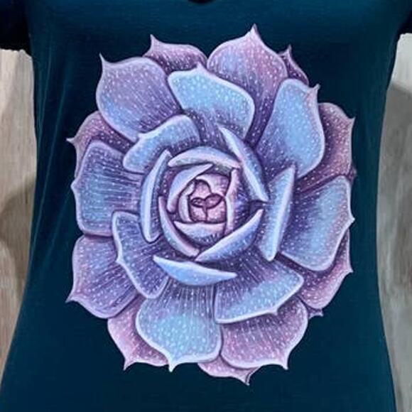 Hand Printed Upcycled Women Medium Purple Blue Succulent Cactus Short Sleeve Tee - Picture 2 of 3
